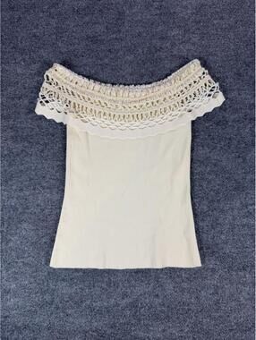 White House Black Market Cream Off-Shoulder Knit Crochet Top Size L Summer